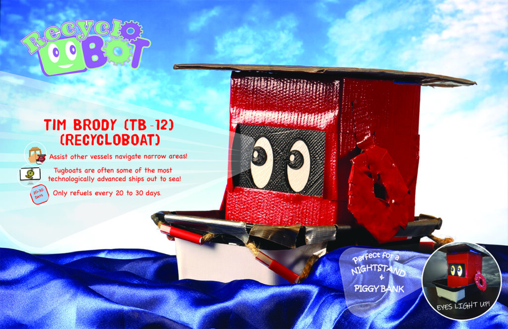 Recyclobot front of poster with Tugboat facts