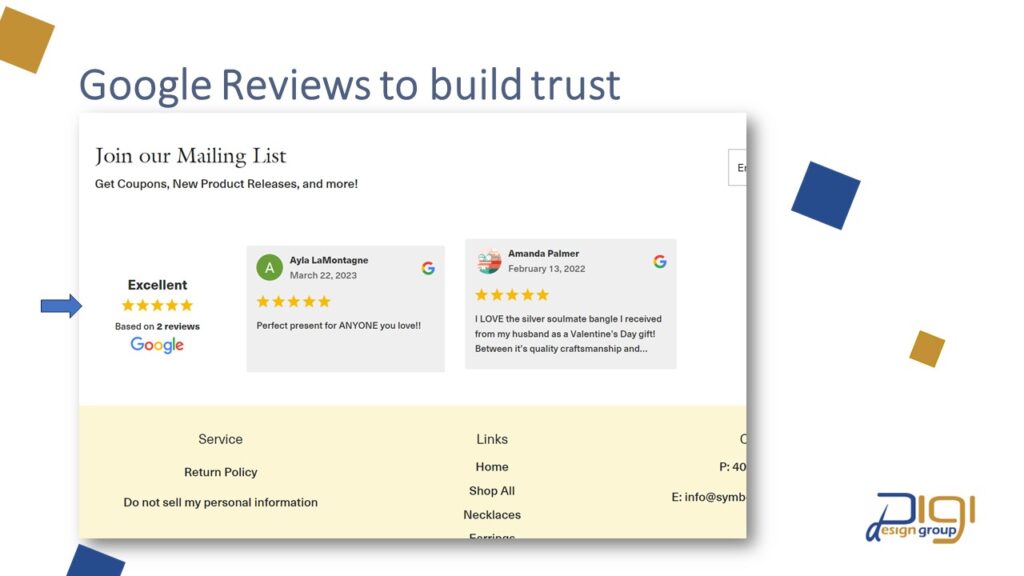 Symbol of Love Jewelry Homepage screenshot showing Google Reviews linked live to build trust.