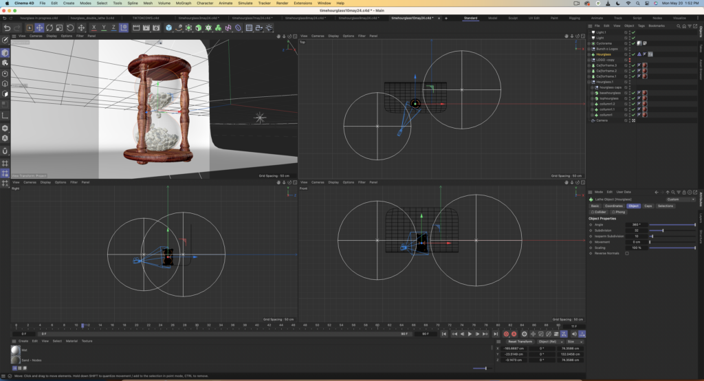 Cinema 4D Software Screenshot of hourglasss preparing for "photoshoot"