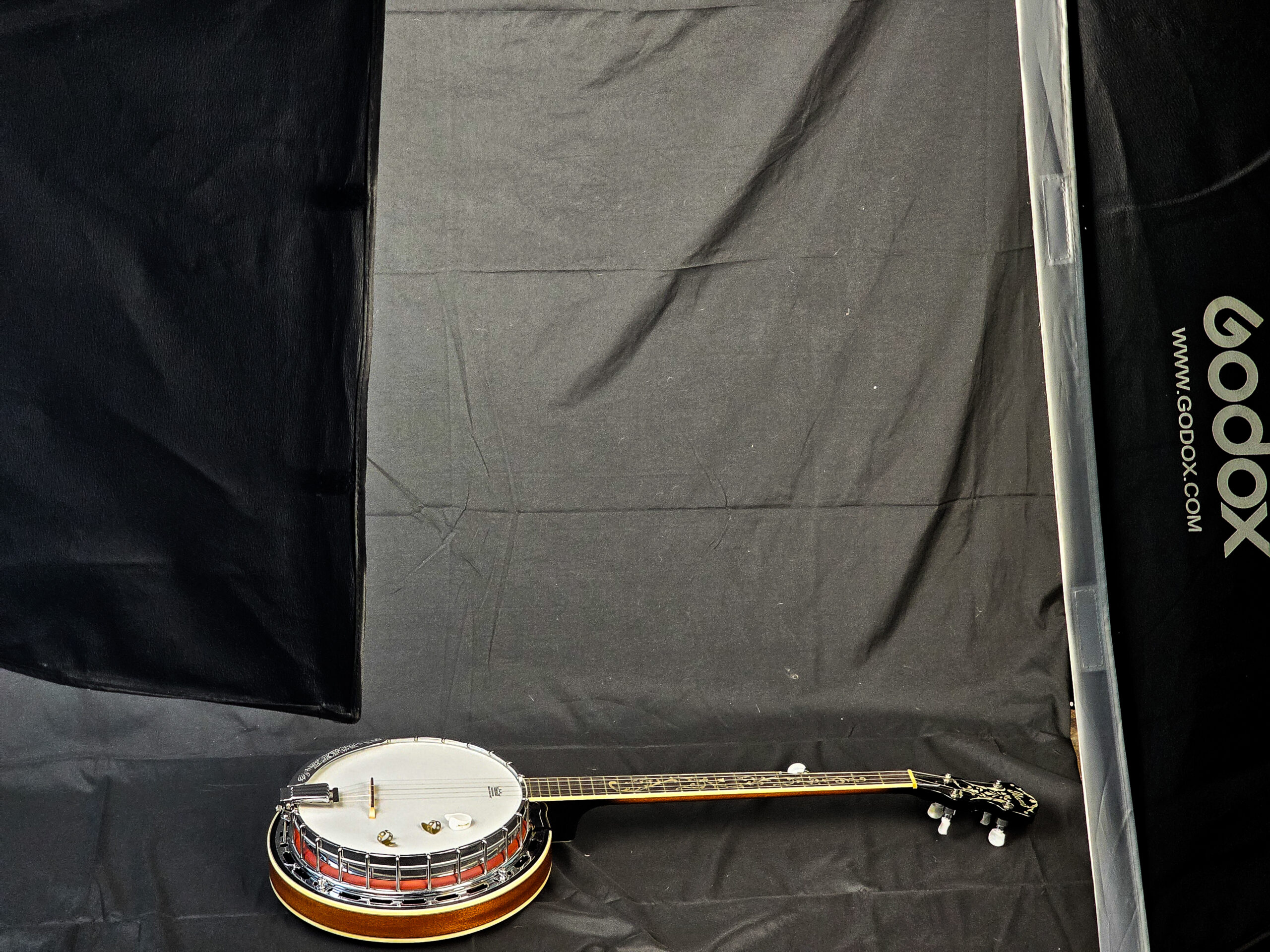 Studio setup for banjo up the neck scene