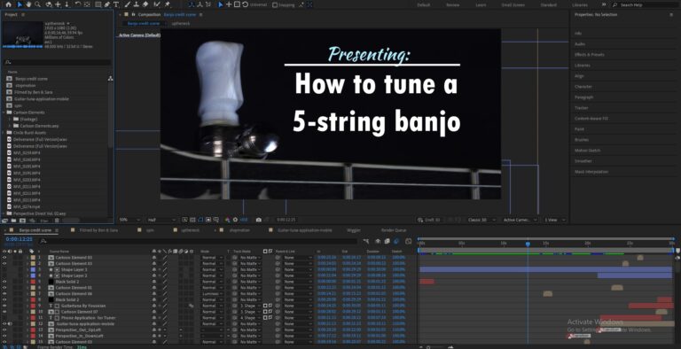 after-effects-edit-progress-of title sequence for how to tune a five string banjo