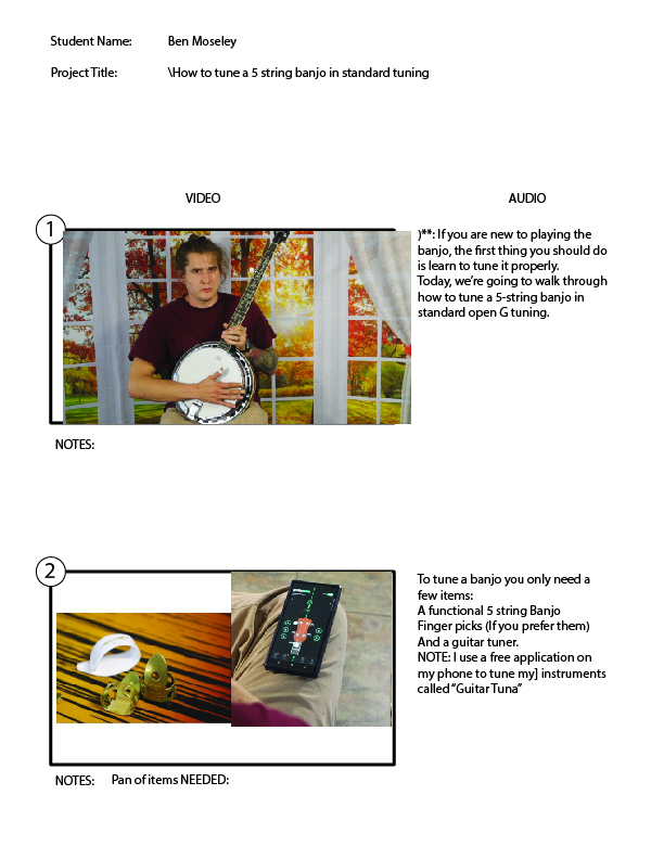 How to tune a five string banjo storyboard. Page 1. Made by Digi design group.