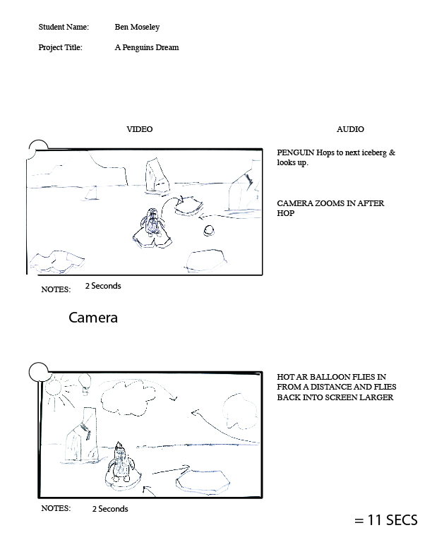 Page 2 of "A Penguin's Dream" Storyboard