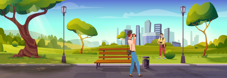 Photographer at park with city backdrop animated Illistration from Envato Elements